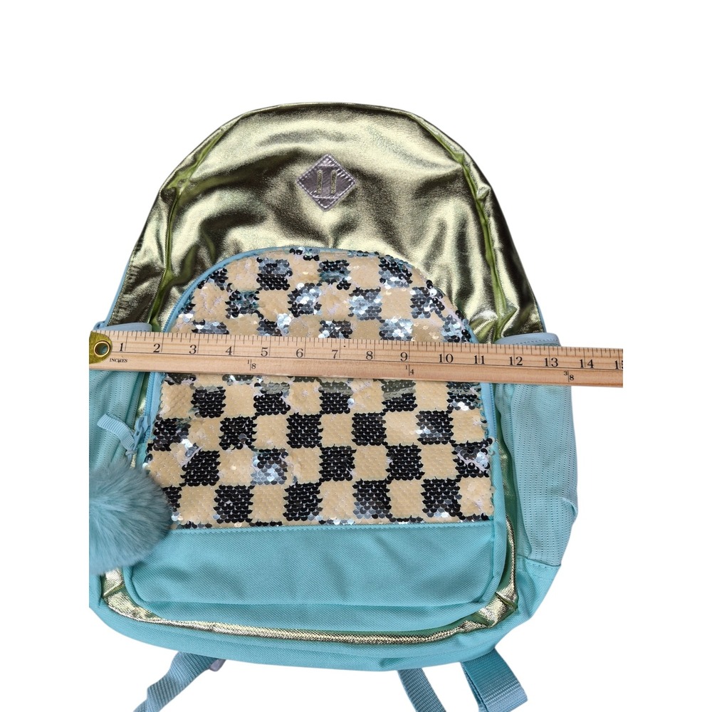 Cat & Jack Girls Sequin Checkerboard Backpack Gold Teal Metallic School Bag NEW - Picture 5 of 7